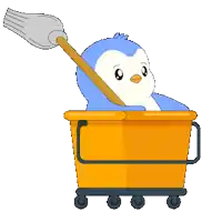 a penguin is sitting in a bucket with a mop