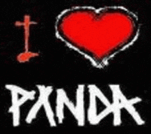 a red heart with a cross and the words `` i love panda '' on a black background .