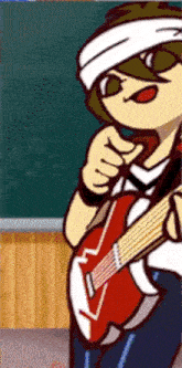 a cartoon character is playing a guitar in front of a chalkboard