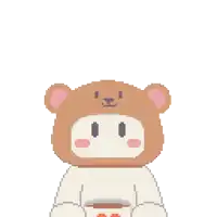 a pixel art drawing of a teddy bear holding a cup of coffee with a heart on it