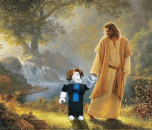 a painting of jesus walking with a roblox character in front of a waterfall