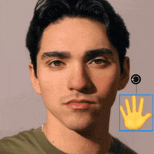 a close up of a man 's face next to a yellow hand with a circle around it