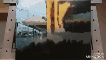 a painting on an easel with the words made in animotica on the bottom