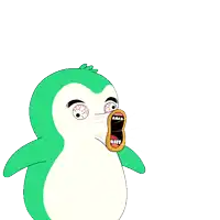 a cartoon of a penguin blowing soap bubbles with its mouth wide open