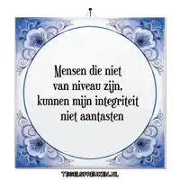 a blue and white tile with the words mensen die niet van niveau zijn written on it