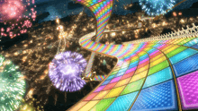 a video game scene with a rainbow colored track and fireworks