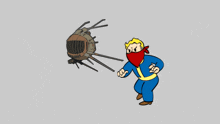 a cartoon of a man wearing a red bandana standing next to a robot