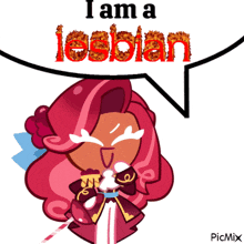 a cartoon of a girl with a speech bubble that says i am a lesbian