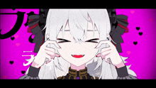 a girl with white hair and red lips is covering her ears