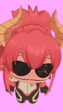 a cartoon character with red hair and horns wearing sunglasses and a s on her chest