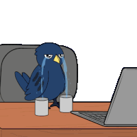 a blue bird is crying while sitting at a desk next to a laptop