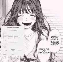 a girl laughing next to a job application form