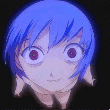 a close up of a person 's face with blue hair and red eyes on a black background .