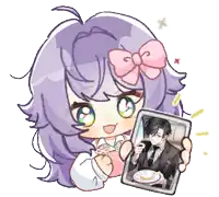 a girl with purple hair is holding a cell phone with a picture of a man on it