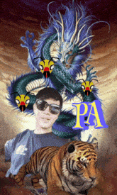 a man standing next to a tiger and a dragon with the letter pa on the bottom right