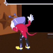 a pixel art of a clown with a purple hat on