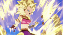 a cartoon character with blonde hair and a pink top is flying through the air