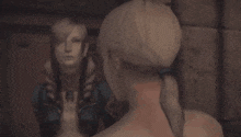 a woman is looking at her reflection in a mirror in a video game .