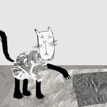 a black and white drawing of a cat wearing a ruffled dress