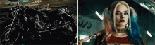 a picture of a motorcycle next to a picture of harley quinn from suicide squad