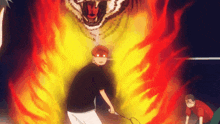 a man is holding a badminton racket in front of a tiger with flames coming out of its mouth
