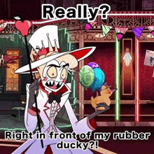 a cartoon character is holding a rubber ducky and says " really "