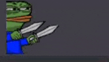 a cartoon frog is holding two knives in his hand .