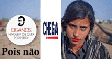 a woman is standing next to a sign that says ' ciganos ' on it