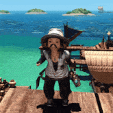 a little girl with a hat and mustache stands on a dock