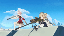 a video game character is holding a sniper rifle and another character is holding a gun