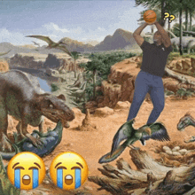 a painting of a man holding a basketball surrounded by dinosaurs with tears in their eyes