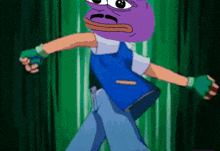 a cartoon character with a purple face and a blue vest
