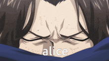 a close up of a person 's face with the word alice in white