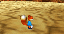 a cartoon squirrel in a blue shirt is walking on a sandy surface