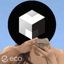 a naked woman is holding a stack of money in front of a black circle with a cube on it