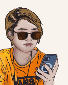 a drawing of a woman wearing sunglasses and a vans shirt