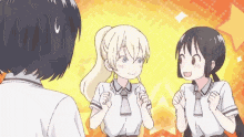 a group of three anime girls are standing next to each other and smiling .