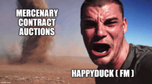 a man is crying with the words mercenary contract auctions behind him