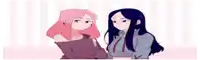 two anime girls standing next to each other on a pink and white striped background .