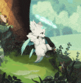 a cartoon drawing of a white fox with blue wings