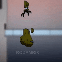 a cartoon character is flying through the air while a claw is holding it .