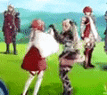 a group of anime characters are standing in a field .
