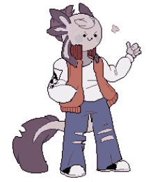 a pixel art drawing of an axolotl wearing a vest , jeans and a scarf .