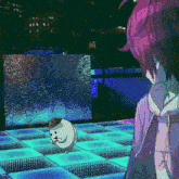 a person with purple hair is standing next to a cartoon character with a hat on