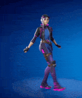 a woman in a purple and black outfit stands on a blue background