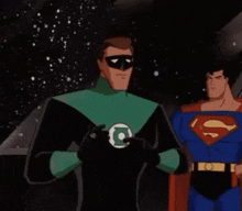 a green lantern and superman are standing next to each other .