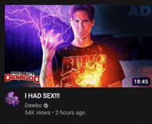 a man in a chicago bulls t-shirt is holding a lightning bolt in his hand .