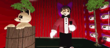 a man in a tuxedo is standing next to a cat in a wooden barrel in a room .