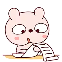 a cartoon bear is writing on a piece of paper with a pencil .