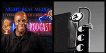 a man is smiling in front of a neon sign that says podcast